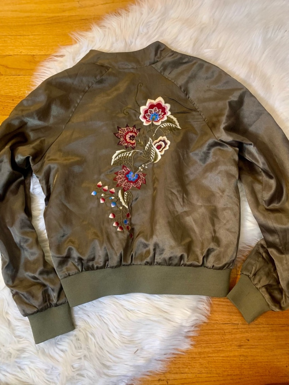 Vintage Olive Green Embroidered Bomber Jacket